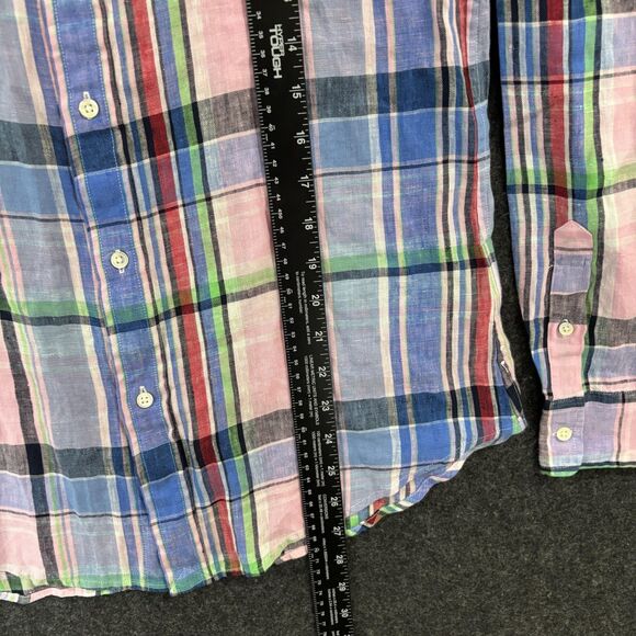 Polo Ralph Lauren Shirt Mens Medium Pink Blue Plaid Classic Fit 100% Linen Woven - Picture 4 of 9